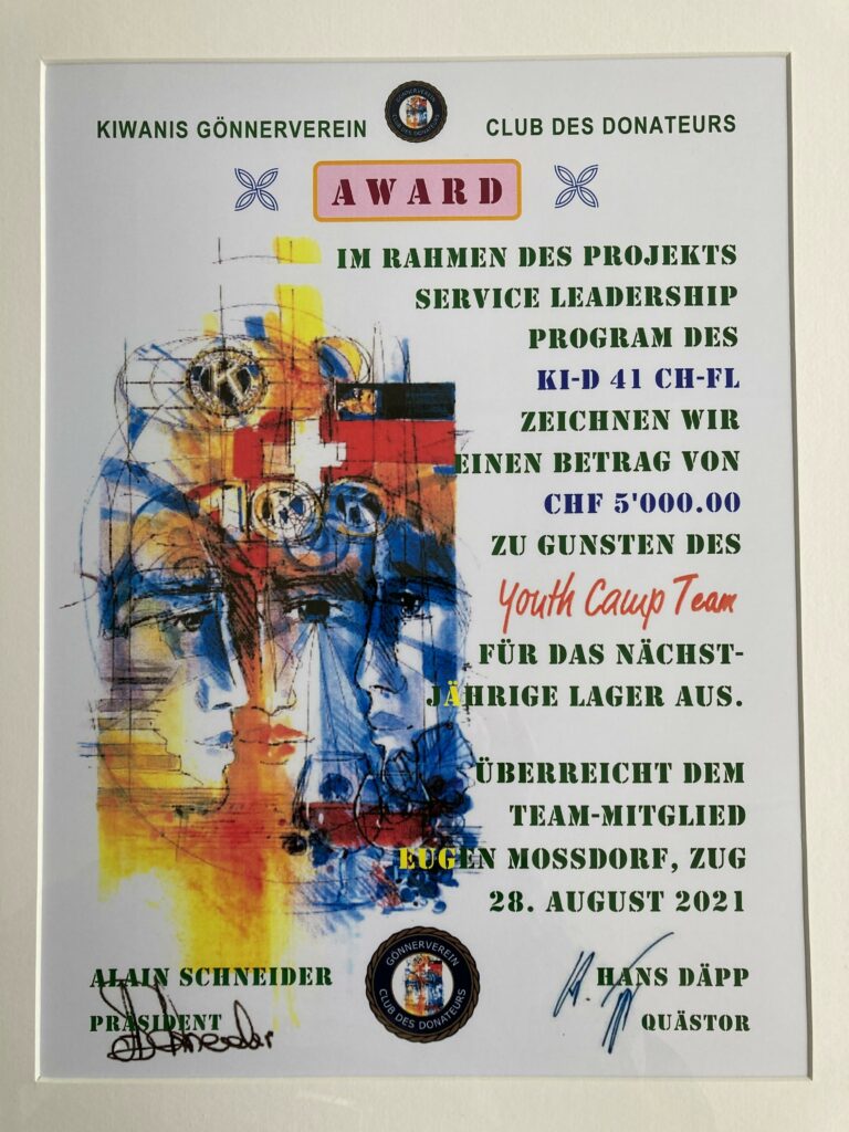 Award Kiwanis Schweiz Gönnerverein an Youth Camp Team